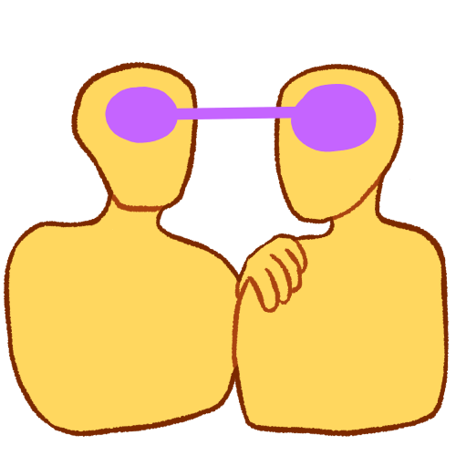  two featureless people looking at each other. the person on the left has their hand on the other person’s shoulder. there are purple ovals in their heads that are connected with a straight line. 